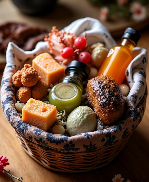 A meticulously arranged gourmet food basket, showcasing an assortment of fine Japanese products, elegantly wrapped in a traditional Japanese furoshiki cloth, ready for gifting.