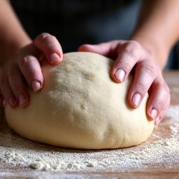 A baker's hands gently kneading a large mass of dough on a floured wooden surface, a passion for craft evident.