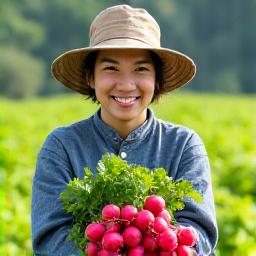 A smiling Japanese farmer holding fresh, vibrant radishes in a sunlit field.