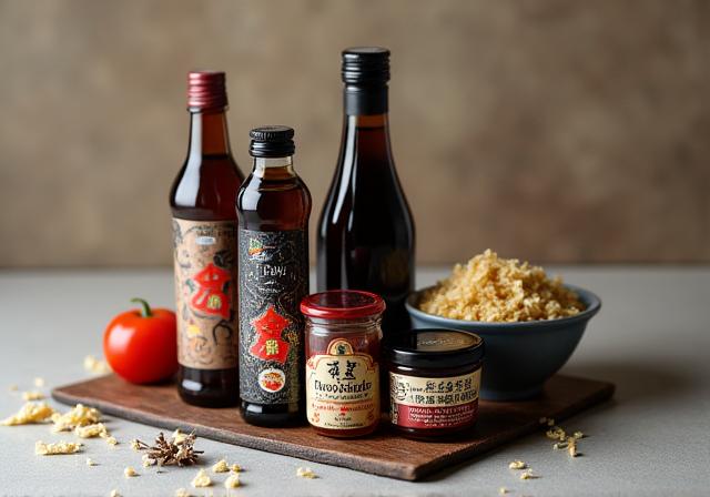 A sophisticated selection of high-quality Japanese seasonings – soy sauce bottles, miso paste containers, and dried bonito flakes, artfully arranged.