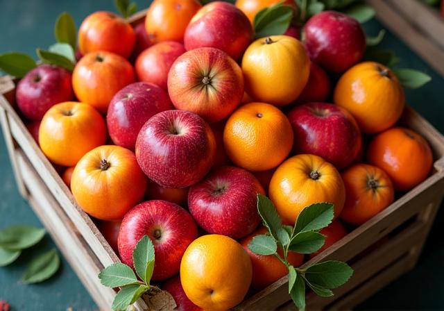 A beautiful wooden crate overflowing with a bounty of seasonal Japanese fruits, including ruby-red apples, succulent persimmons, and vibrant citrus.