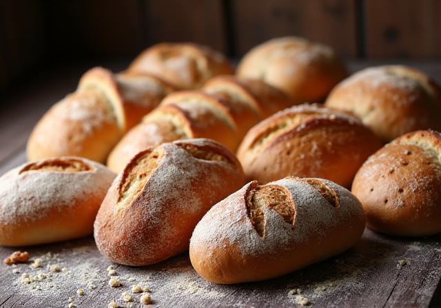 An inviting assortment of freshly baked artisanal breads, including rye loaves, baguettes, and soft rolls, on a rustic wooden table.