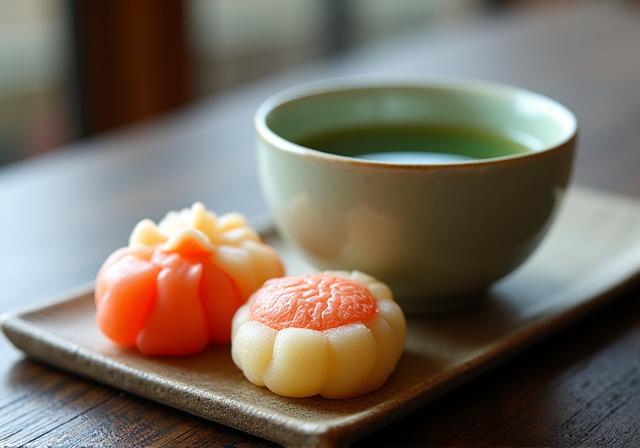 Delicate wagashi sweets, meticulously crafted with seasonal motifs, served elegantly alongside a steaming cup of Japanese green tea on a traditional tray.
