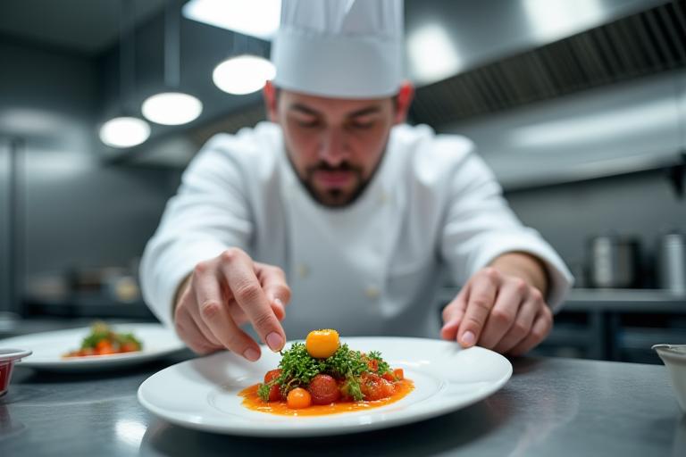A professional chef, wearing a clean white uniform, meticulously plating a gourmet dish in a modern kitchen, likely using fresh ingredients supplied by Kohaku Pantry.
